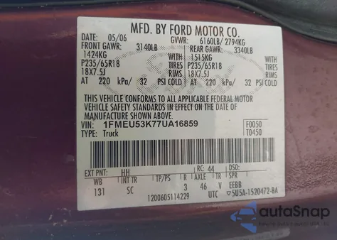 2007 Ford Explorer Sport Trac Limited z USA, uszkodzony, nr VIN 1FMEU53K77UA16859